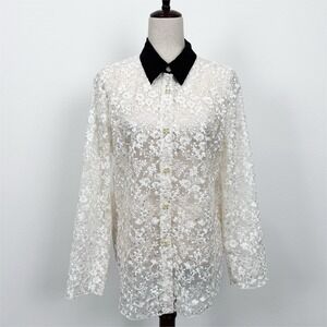 Unbranded Sheer Lace Top Womens XL* Ivory Button Up Fairy Old Money Preppy Glam